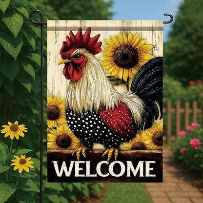 Spring Summer Garden Flag 12x18 Inch Welcome Rooster Sunflower Farm Animal Rustic Country Design Outdoor Yard Porch Lawn for Seasonal Farmhouse Home Decor