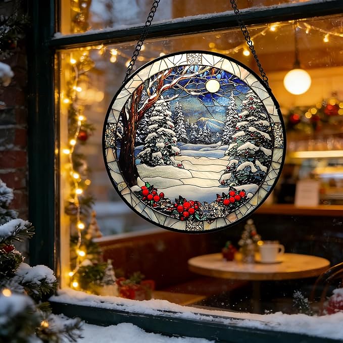 DASTOLL Stained Glass Window Hanging Christmas Tree Winter Snow Night Scenery 9.8" - Suncatcher Door Garden Kitchen Sun Catcher Home Decor Birthday for Mom Men Woman Friend