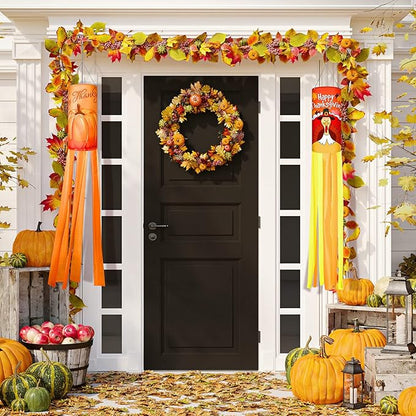 4 Pcs Thanksgiving Fall Windsocks Turkey Pumpkin Maple Leaf Autumn Christmas Santa Snowman Windsocks Flag Outdoor Hanging Windsocks for Wall Tree Front Patio Lawn Home Garden Yard
