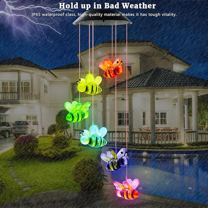 Solar Wind Chimes, Bee Wind Chimes Gifts for Mom Grandma Women Wife Girls, IP65 Waterproof Hanging Memorial Windchimes with 7 Color Changing LED Lights for Outside Garden Yard Decorations