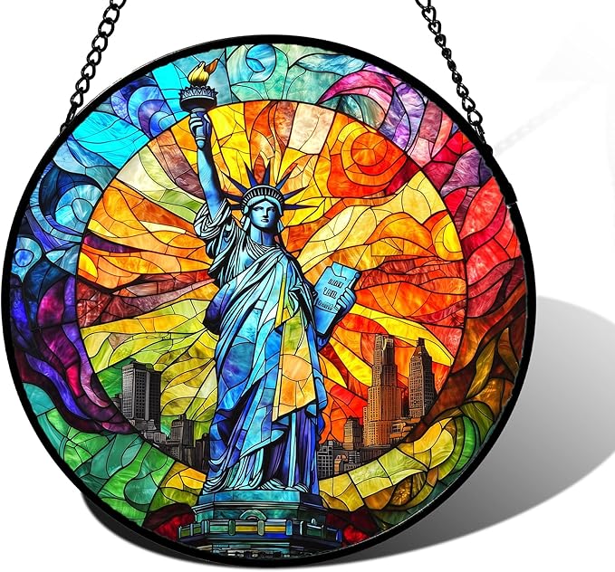 DASTOLL Stained Glass Window Hanging, Statue of Liberty Sun Catchers Diamond Glass Panel Hangings Suncatcher Decor for Birthday for Women, Men, Wife, Aunt, and Mom 6.3x6.3 in