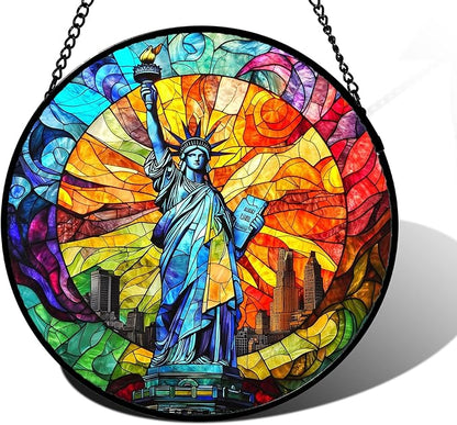 DASTOLL Stained Glass Window Hanging, Statue of Liberty Sun Catchers Diamond Glass Panel Hangings Suncatcher Decor for Birthday for Women, Men, Wife, Aunt, and Mom 15x15 in