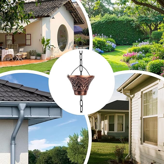 Pure Copper Garden Rain Chain 9FT Decorative Downspout Extension with 12 Cups for Roof Garden Gazebo Drainage Water Flow Outdoor Home Decor