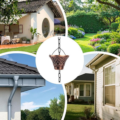 Pure Copper Garden Rain Chain 9FT Decorative Downspout Extension with 12 Cups for Roof Garden Gazebo Drainage Water Flow Outdoor Home Decor