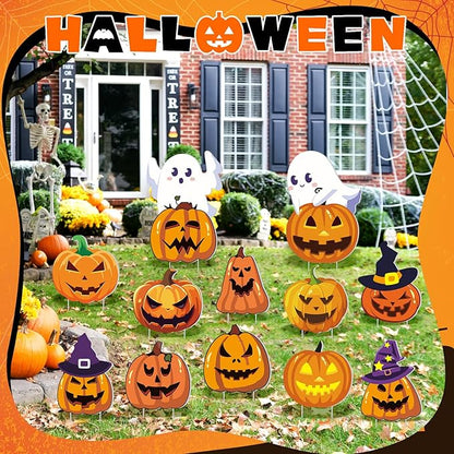 Amyhill 12 Pcs Halloween Pumpkin Yard Signs for Outdoor Halloween Ghost Jack O Pumpkin with Witch Hats Lawn Stakes Spooky Trick or Treat Yard Decorations for Garden Prop Home Party Decor