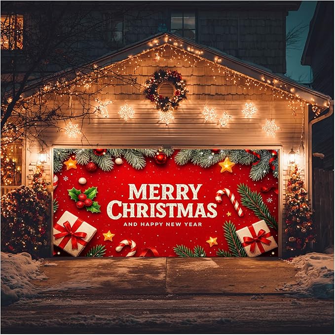 HOMETITUTE Christmas Door Banner 13x6ft Holiday Porch Decoration Red Background Merry Christmas And Happy New Year Pine Branches Ornaments Gifts Winter Seasonal Front Door Cover Wall Decor