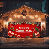 HOMETITUTE Christmas Door Banner 13x6ft Holiday Porch Decoration Red Background Merry Christmas And Happy New Year Pine Branches Ornaments Gifts Winter Seasonal Front Door Cover Wall Decor