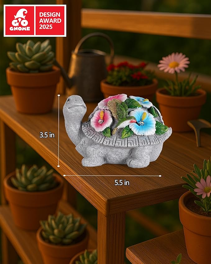 GoGnome Solar Turtle Figurine Lights with Hummingbird Flower 5.5-inch – Garden Statue for Outdoor Yard Decorations, Lawn Ornaments, Balcony Decor – Ideal Gift for All Occasions (Turtle)