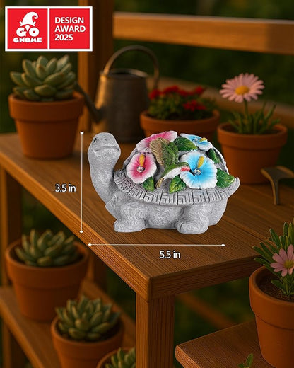 GoGnome Solar Turtle Figurine Lights with Hummingbird Flower 5.5-inch – Garden Statue for Outdoor Yard Decorations, Lawn Ornaments, Balcony Decor – Ideal Gift for All Occasions (Turtle)