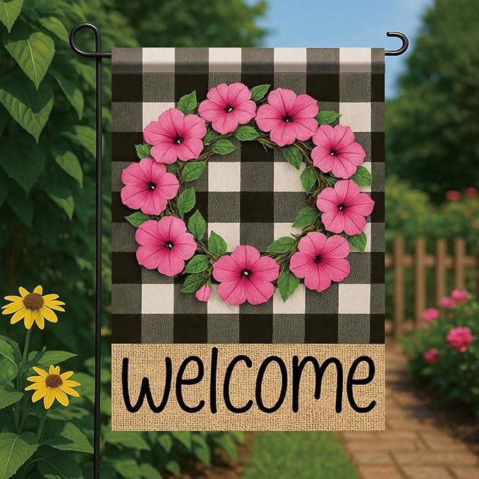 Buffalo Plaid Welcome Wreath Garden Flag Pink Petunia Flower Flag 12×18 Inch Double Sided Spring Outdoor Decor Welcome for Porch Patio Lawn Yard Farmhouse Seasonal Outside