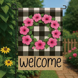 Buffalo Plaid Welcome Wreath Garden Flag Pink Petunia Flower Flag 12×18 Inch Double Sided Spring Outdoor Decor Welcome for Porch Patio Lawn Yard Farmhouse Seasonal Outside
