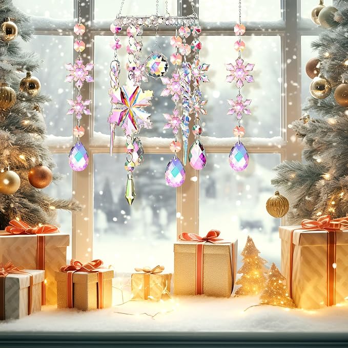 Suncalla 3 Pcs Winter Snowflake Suncatchers Winter Crystal Sun Catchers Snow Flake Hanging Suncatcher Wind Chime with Chain Rainbow Indoor Outdoor Window Christmas Decor