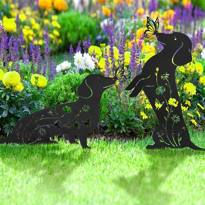 Ouddy Mode 2 Packs Dachshund Garden Decor for Outside, Gardening Dachshund Gifts for Women/Men/Mom/Grandma, Metal Decorative Garden Stakes for Outdoor Lawn Statues Yard Art