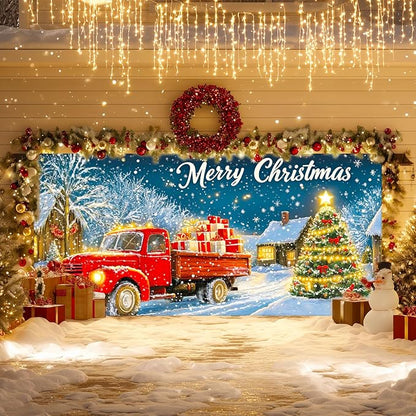 IVN Christmas Garage Door Banner 6x13 ft Red Vintage Truck with Gifts Backdrop Garage Door Covers Decorative Holiday Garage Door Cover Mural Snowy Christmas Tree Scene