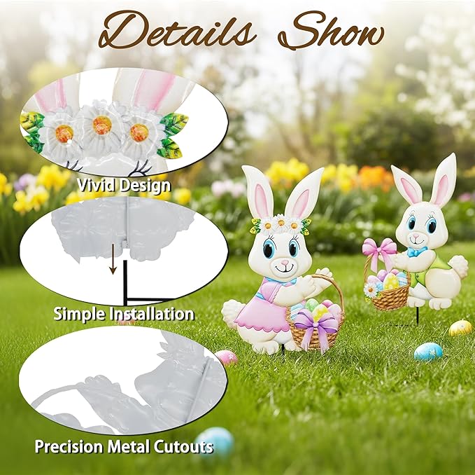 2PCS Spring Rabbit Metal Yard Decorations Stakes, Grandmas Garden Easter Holiday Yard Decoration Outdoor Stakes, Memorial Personalized Unique Garden Gifts Women for Grandma Statue