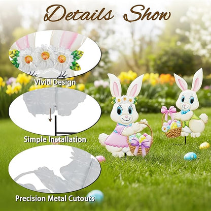 2PCS Spring Rabbit Metal Yard Decorations Stakes, Grandmas Garden Easter Holiday Yard Decoration Outdoor Stakes, Memorial Personalized Unique Garden Gifts Women for Grandma Statue