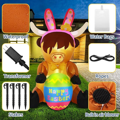 5ft Easter Inflatables Outdoor Decoration Blow up Highland Cow Yard Decor with Built in Light Inflatable Bunny Ears with Egg Weatherproof for Outdoor Holiday Party Yard Garden Lawn