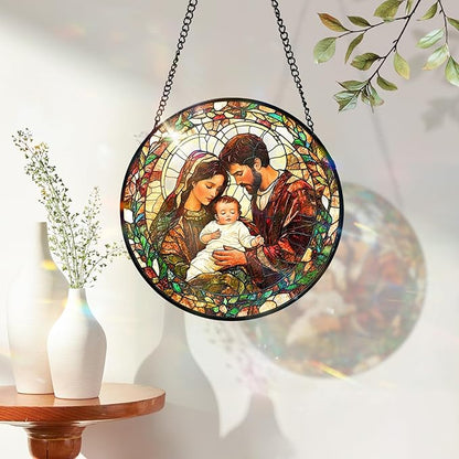 7.8 Inch Stained Glass Window Hanging Baby Jesus and The Holy Mother Mary Family Sun Catcher Indoor Window Door Wall Yard Home Decor Colorful Glass Panel Suncatcher Religious Christian Gifts for Women