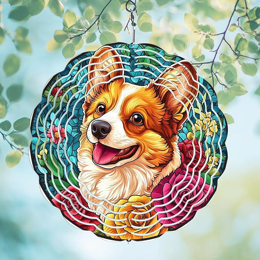 Cute Dog Wind Spinners Outdoor, Hanging Wind Spinner for Garden Decoration, 8 inch 3D Stainless Steel Metal Wind Sculpture for Indoor/Outdoor Decor
