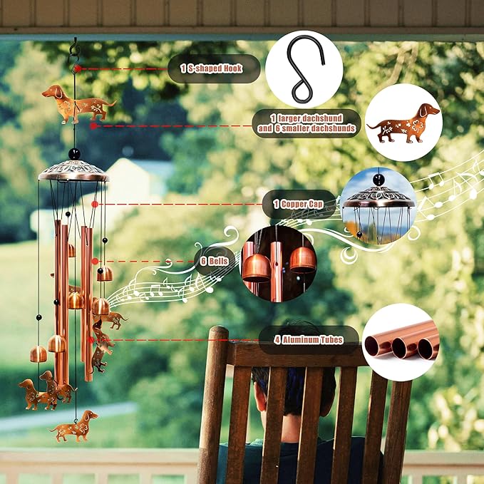 Dachshund Dog Wind Chimes for Outside Windchimes Outdoor/Indoor, Home, Lawn, Porch, Yard Decorations,Metal Garden Decor Dachshund Dog Wind Chimes Gifts for Women/Men Birthday Gifts Memorial Gift