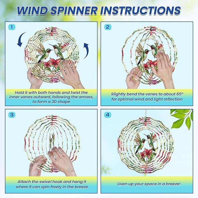 FLAGWIX Hummingbird Gifts for Women - 3D Stainless Steel Metal Wind Spinners 12in - Hummingbird Wind Spinner Yard Decorations Outdoor Indoor Hanging Garden Decor, Mothers Day Birthday Gift For Grandma