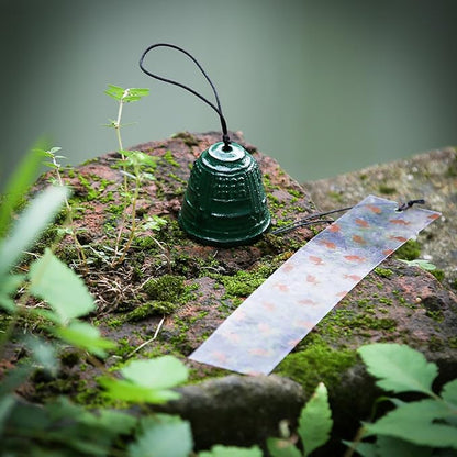 Japanese Wind Chime Cast-Iron Outdoor Ornament for Garden, Patio & Balcony, Hanging Metal Wind-Bell Decoration Gift, Blessing Pendant Windchimes & PVC Wind-Catcher, Green Bell