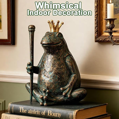 Frog Garden Statue, Yard Decorations Outdoor Decor, Weather-Resistant Animal Figurines & Sculptures, Seated Prince Frog with Scepter for Patio & Lawn, 11.5" H×9.8" L