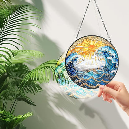 Stained Glass Window Hanging, Blue and White Waves Gold Sunset Suncatcher for Door Garden Kitchen Home Decor, Glass Panel Landscape Sun Catchers for Birthday for Women, Men, Wife, Aunt, and Mom 7.8 in