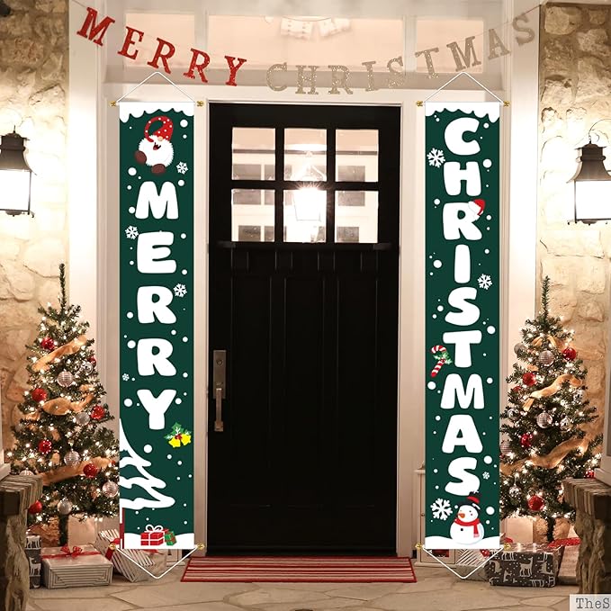 Ivenf Christmas Porch Sign Set Green Banners, Xmas Hanging Decorations for Home Outdoor Indoor Wall Front Door Decor