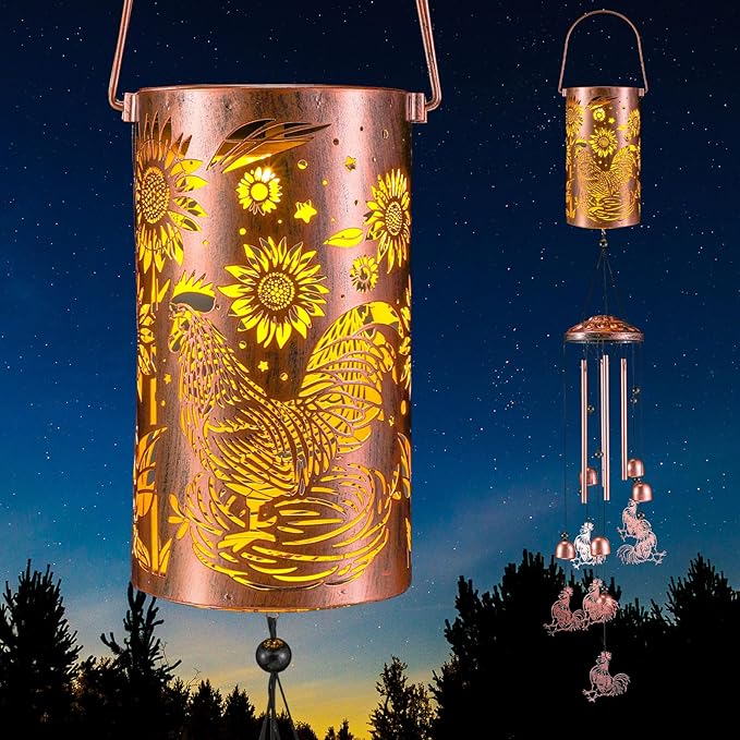 Retisee Rooster Solar Wind Chimes Outdoor Metal Rooster Gifts Solar Light Windchimes Outside Indoors Christmas Decoration Birthday Gift for Home Lawn Porch Patio Garden Yard