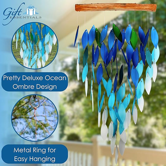 Blue Handworks Deluxe Ocean Ombre Waterfall & Driftwood Chime, Sandblasted Glass and Found Wood Handcrafted Wind Chime