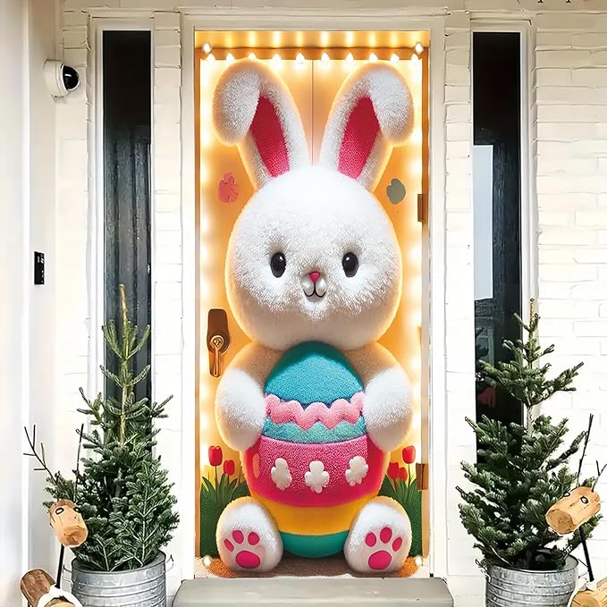 Happy Easter Door Cover Decoration Easter Eggs Bunny Banner Welcome Spring Happy Easter Day Party Photography Background Backdrop for Party Decorations Supplies 70.8 x 35.4 inch