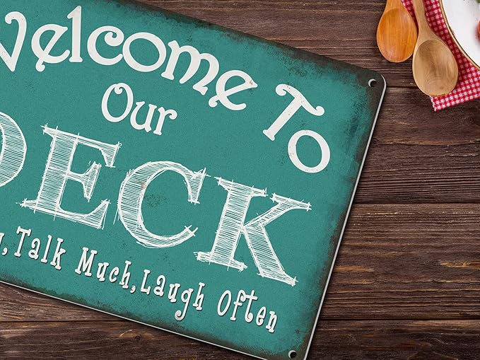 Welcome to Our Deck Sign Backyard Accessories Decor Outdoor, ALREAR Vintage Metal Tin Signs Farmhouse Home Wall Decorations 8x12 Inches