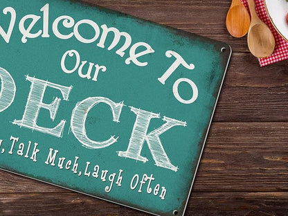 Welcome to Our Deck Sign Backyard Accessories Decor Outdoor, ALREAR Vintage Metal Tin Signs Farmhouse Home Wall Decorations 8x12 Inches