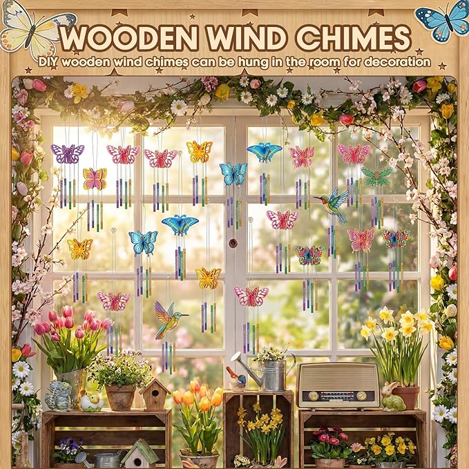 Leinuosen 30 Pcs Butterfly Wind Chime Kit for Kids Make Your Own Butterfly Wind Chimes Decorative DIY Coloring Wooden Crafts for Spring Art Activities Garden Home Patio Party Decorations