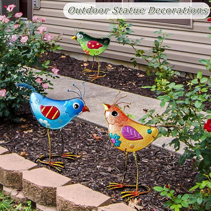 Garden Statues 3-Piece Metal & Glass Bird Figurines Set - Waterproof Outdoor Sculptures, Colorful Bird Garden Decorations Yard Art for Indoor & Outdoor Patio Lawn