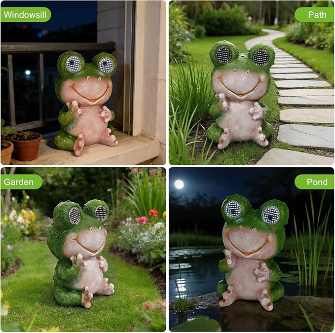 Solar Frog Garden Statue with LED Blinking Moving Eyes, Resin Solar Powered Outdoor Frog Decor, IP65 Waterproof Frog Statue for Garden Yard Patio Lawn Porch, Funny Garden Gift for Mom