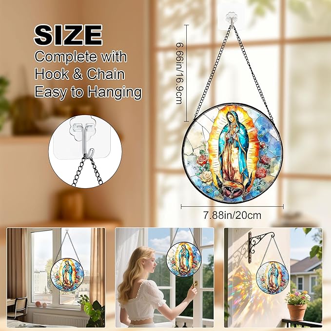 7.88'' Virgin Mary Stained Glass Window Hanging,Christian Mary Suncatchers Stained Glass Hanging with Hook Chain for Window, Sun Catchers Home Decor for Mother's Day for Women, Men, Wife, Aunt, Mom