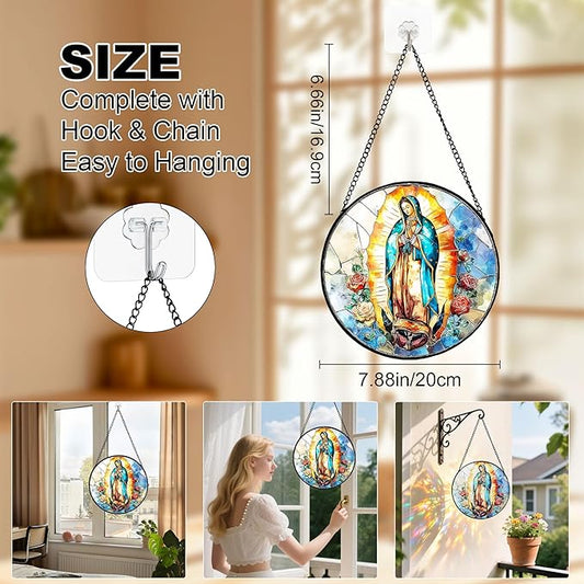 7.88'' Virgin Mary Stained Glass Window Hanging,Christian Mary Suncatchers Stained Glass Hanging with Hook Chain for Window, Sun Catchers Home Decor for Mother's Day for Women, Men, Wife, Aunt, Mom