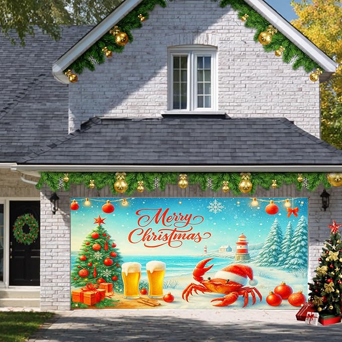 HOMETITUTE Christmas Garage Door Banner 13x6ft Coastal Crab Santa Holiday Decorations Red Lettering Snow Ocean Tree Beer Ornaments for Outdoor Xmas Party House Wall Yard Display