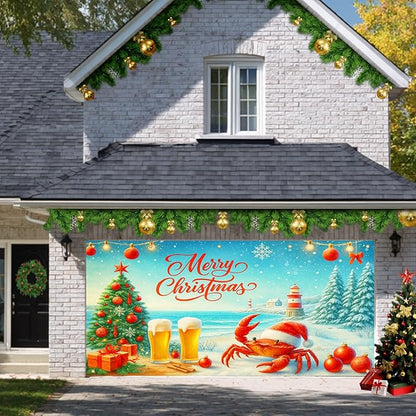HOMETITUTE Christmas Garage Door Banner 13x6ft Coastal Crab Santa Holiday Decorations Red Lettering Snow Ocean Tree Beer Ornaments for Outdoor Xmas Party House Wall Yard Display