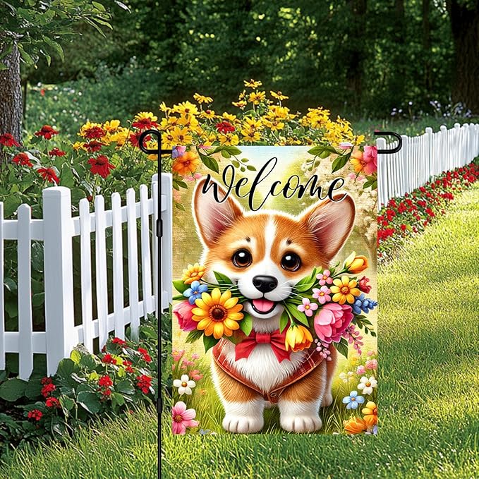 BlissYard Spring Corgi Garden Flag 12x18 Inches Double Sided Cute Puppy Welcome Yard Flags Colorful Floral Sunflower Butterfly Summer for Outside Decor Home Farmhouse lawn Decorations