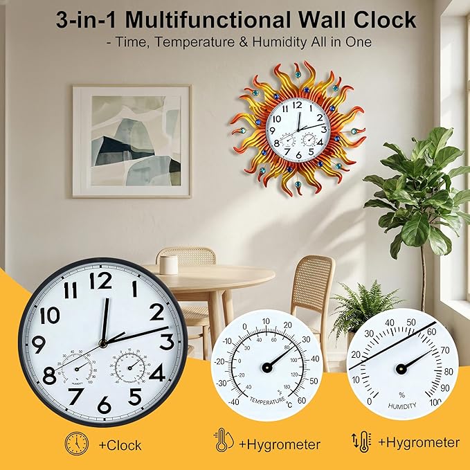 20 Inch Large Outdoor Clock with Thermometer and Hygrometer Combo, Silent Non-Ticking Sun Outdoor Wall Clock, Outdoor Clocks Waterproof for Patio, Garden, Kitchen, Living Room