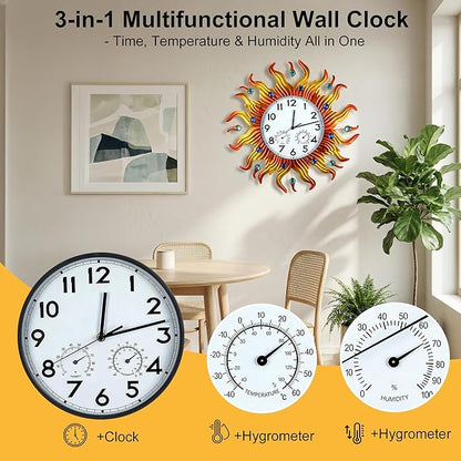 20 Inch Large Outdoor Clock with Thermometer and Hygrometer Combo, Silent Non-Ticking Sun Outdoor Wall Clock, Outdoor Clocks Waterproof for Patio, Garden, Kitchen, Living Room