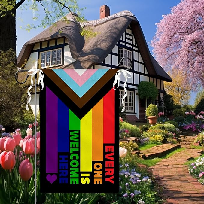 Progress Pride Rainbow Garden Flag Every One Is Welcome Here Yard Flag LGBTQ Gay Lesbian Bisexual Non Binary Transgender House Flag All Inlcusive Vivid Color Garden Flags 12x18 Inch