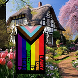 Progress Pride Rainbow Garden Flag Every One Is Welcome Here Yard Flag LGBTQ Gay Lesbian Bisexual Non Binary Transgender House Flag All Inlcusive Vivid Color Garden Flags 12x18 Inch