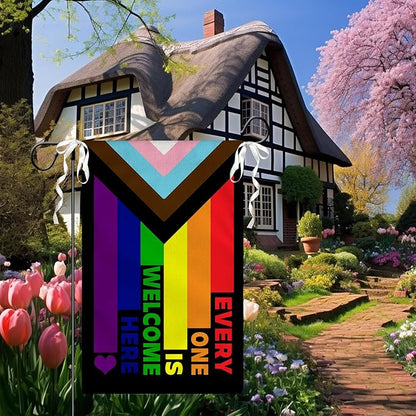 Progress Pride Rainbow Garden Flag Every One Is Welcome Here Yard Flag LGBTQ Gay Lesbian Bisexual Non Binary Transgender House Flag All Inlcusive Vivid Color Garden Flags 12x18 Inch