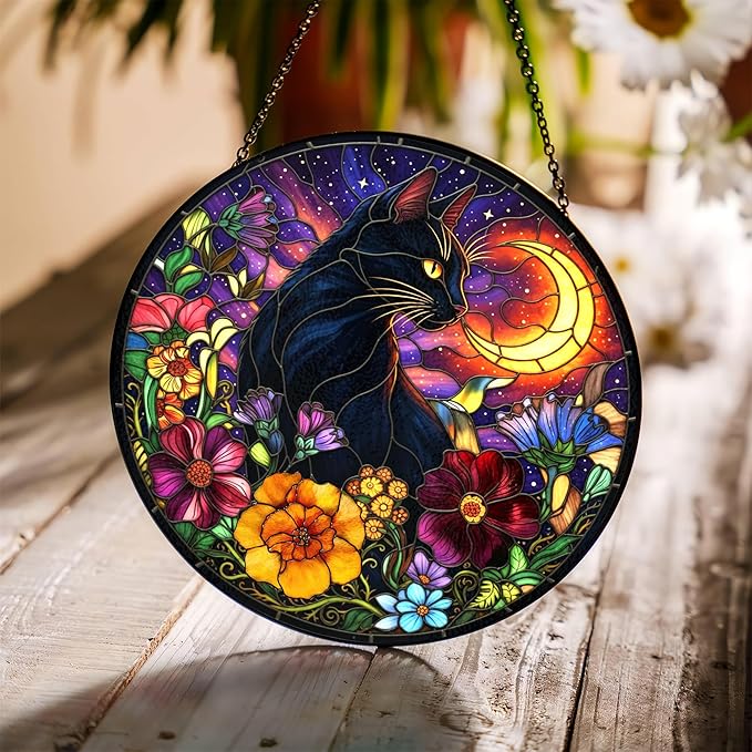 7.8" Black Cat Suncatcher Stained Glass Hanging Window Halloween Sun Catcher Gothic Ornaments Wall Art Home Room Kitchen Garden Decor Birthday for Women Men Cats Lovers
