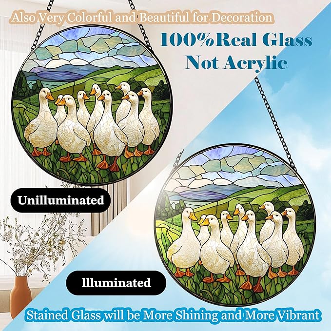Stained Glass Window Hanging White Ducks Suncatcher Colored Glass Suncatcher for Indoor Garden Decoration Christmas Home Decor Gift for Women Men Wife Aunt and Mom 7.9in