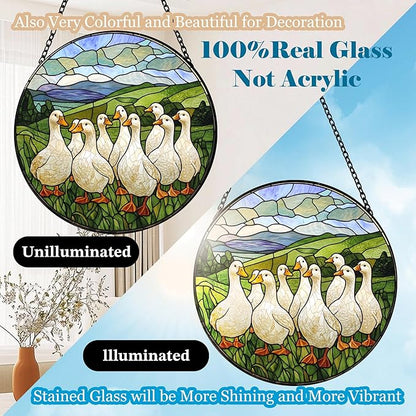 Stained Glass Window Hanging White Ducks Suncatcher Colored Glass Suncatcher for Indoor Garden Decoration Christmas Home Decor Gift for Women Men Wife Aunt and Mom (6.3x6.3in)
